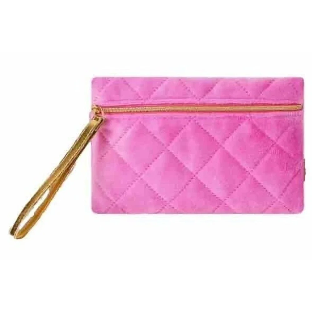 Bright pink Gold Velvet Makeup Bag Travel Pouch Clutch Wallet Organizer Case NEW